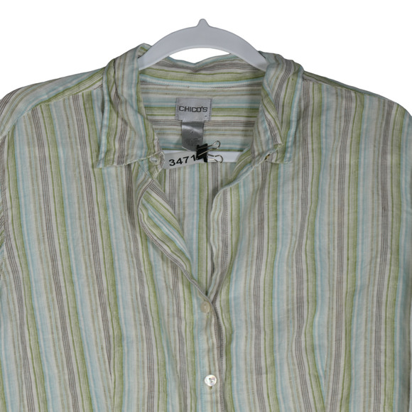 Chicos Blouse Womens Size 2 Green Stripe 100% Linen Long Sleeve Collared - Picture 2 of 8
